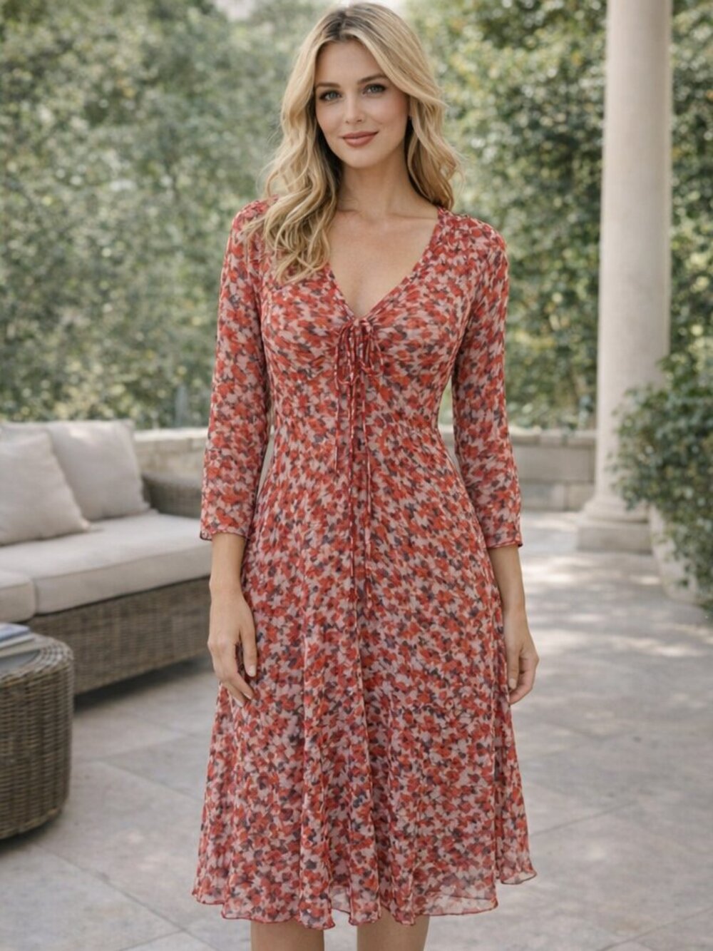 Sandwich Womans Red Floral V-Neck Long Sleeve Dress Size Large
